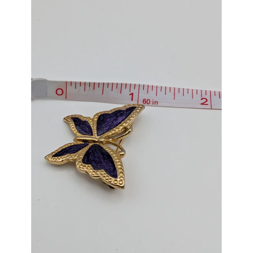 Vintage Purple Enamel Butterfly Brooch Gold Tone Textured Wing Pin Accessory